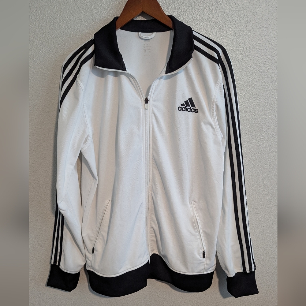 Adidas Classic White Tricot Track Jacket. 3 black strips with logo Size L